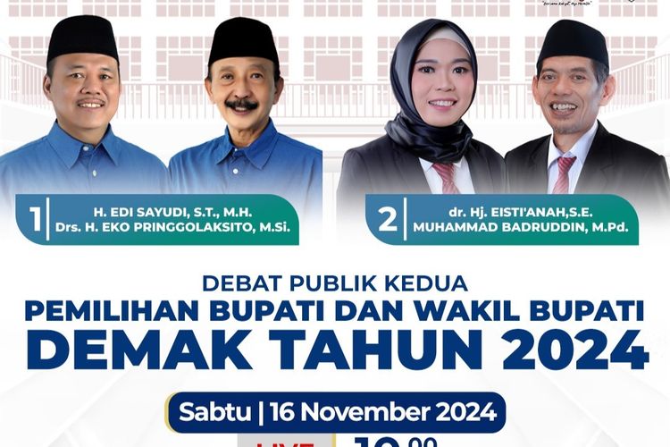 Poster debat publik putaran kedua pasangan calon bupati dan wakil bupati Demak. (dok. KPU Demak) 