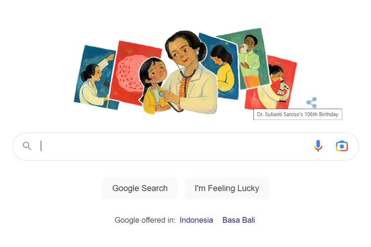 Google Doodle hari ini, Rabu (10/5/2023) spesial dipersembahkan untuk memperingati Hari Ulang Tahun ke-106 dokter Julie Sulianti Saroso. Ia adalah dokter perempuan pertama di Indonesia. Sekaligus, dokter yang memperkenalkan program Keluarga Berencana di Indonesia.
