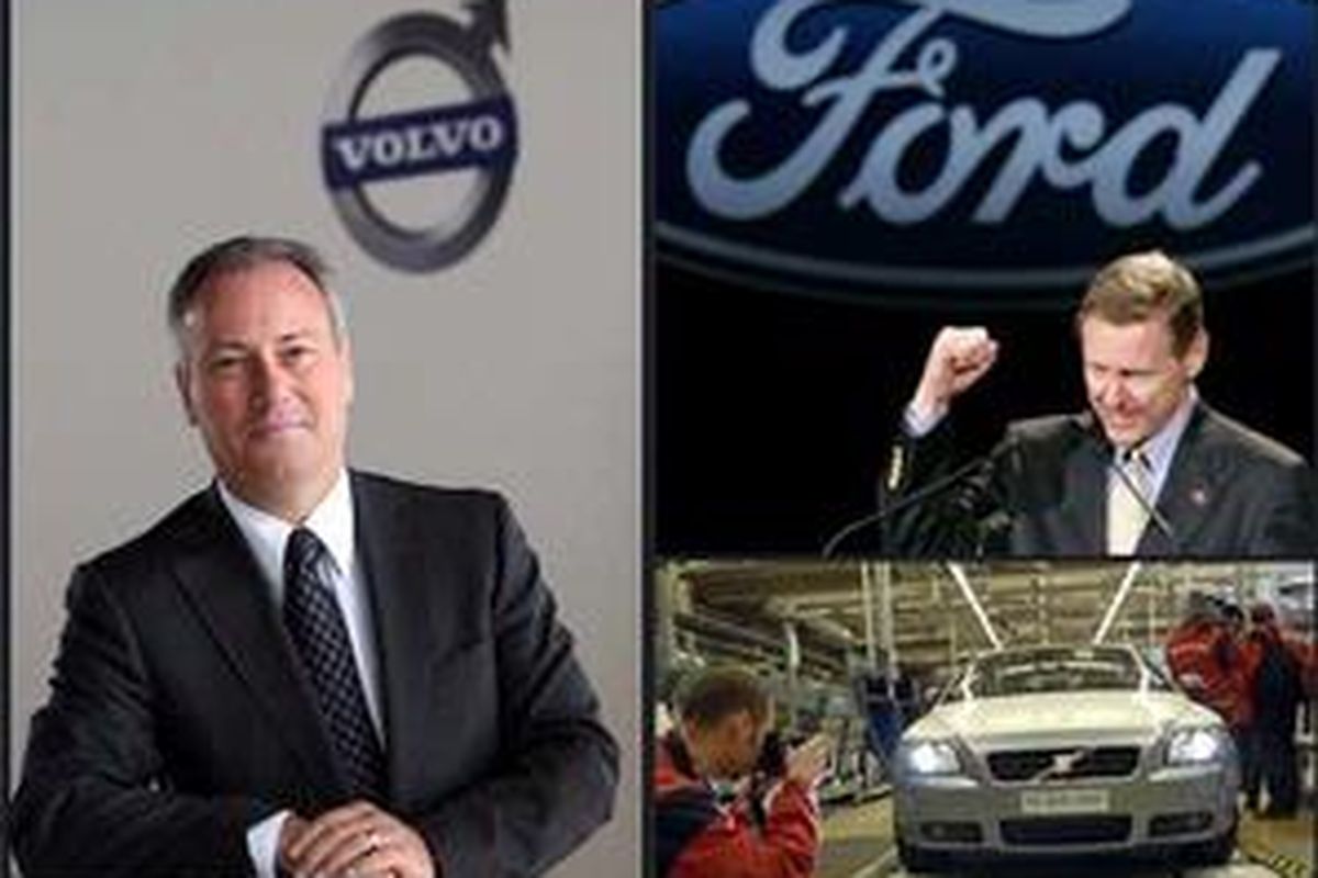 Bos Ford Motor, Alan Mulally (kanan atas), bos Volvo, Stephen Odell (kiri) dan pabrik  Volvo di Ghent, Swedia