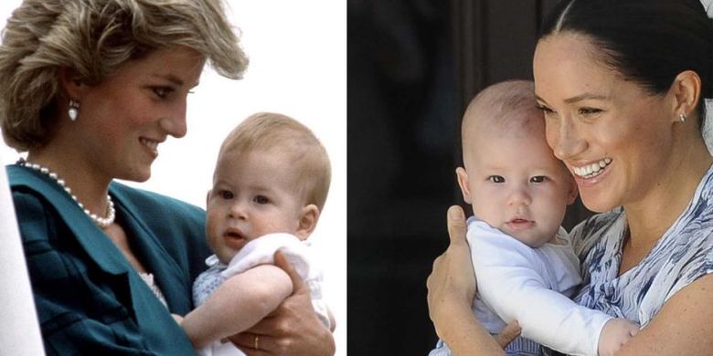 Kiri: Pangeran Harry di usia balita ketika digendong ibunya, mendiang Putri Diana. Kanan: Bayi Archie digendong ibunya, Meghan Markle.