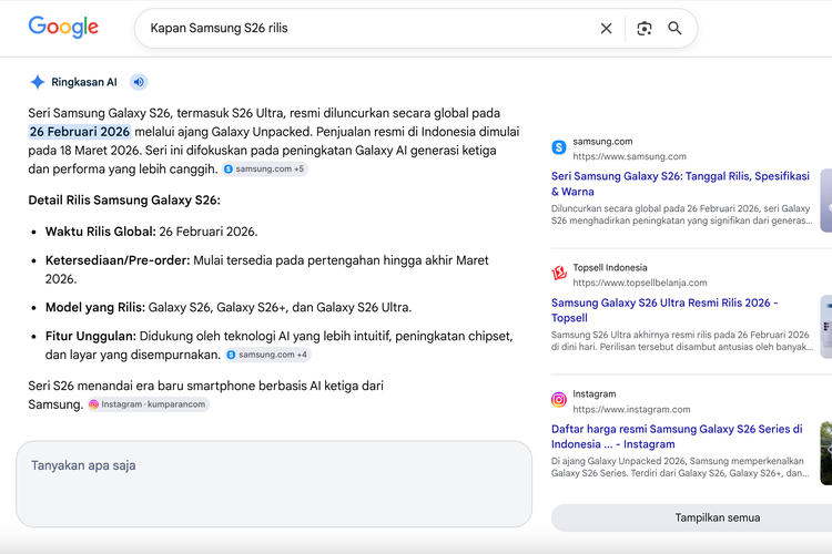 Fitur Google AI Overview yang menyajikan jawaban dengan merangkum informasi dari sejumlah laman web. 