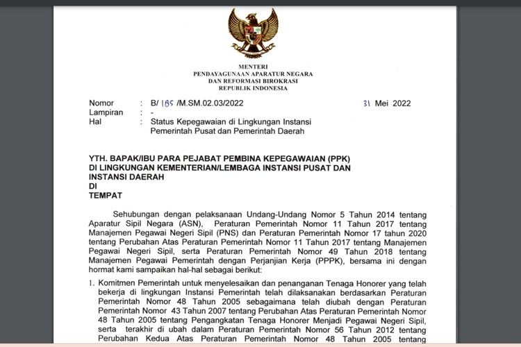 Surat Edaran terkait Status Kepegawaian di Lingkungan Instansi Pemerintah Pusat dan Pemerintah Daerah.