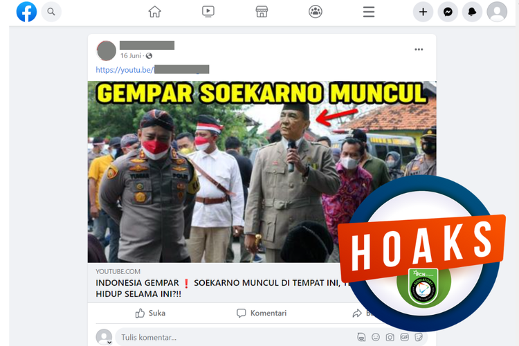 Tangkapan layar unggahan dengan narasi hoaks di sebuah akun Facebook, 16 Juni 2023, yang menyebut Soekarno masih hidup selama ini.