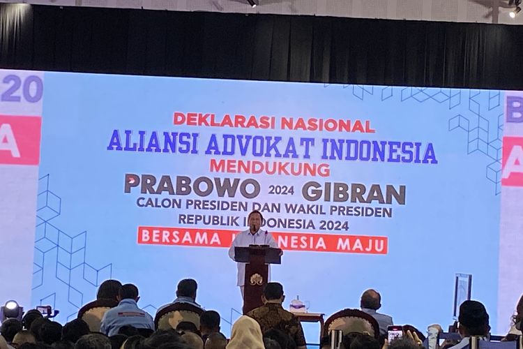 Calon presiden nomor urut 2 Prabowo Subianto dalam sambutannya dalam deklarasi Aliansi Advokat Indonesia di Balai Kartini, Jakarta Selatan, Jumat (26/1/2024).