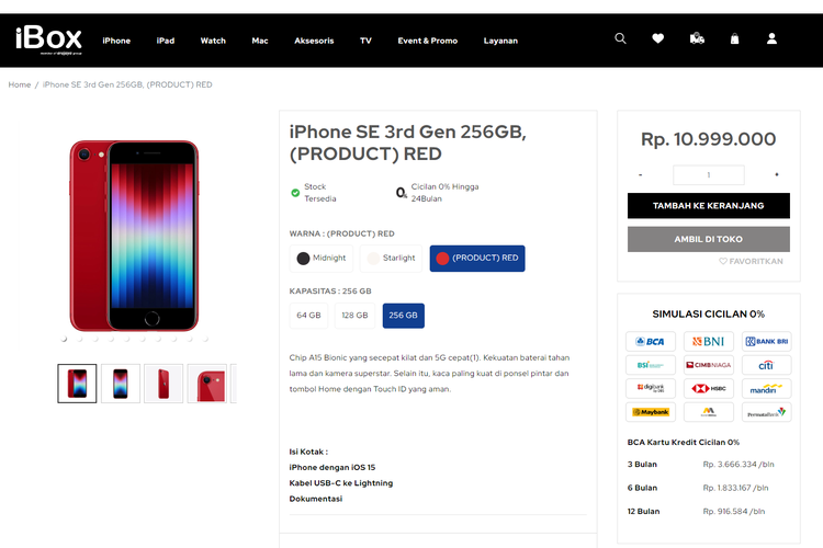 Tangkapan layar iPhone SE 3 (2022) yang sudah bisa dibeli di situs iBox.co.id.