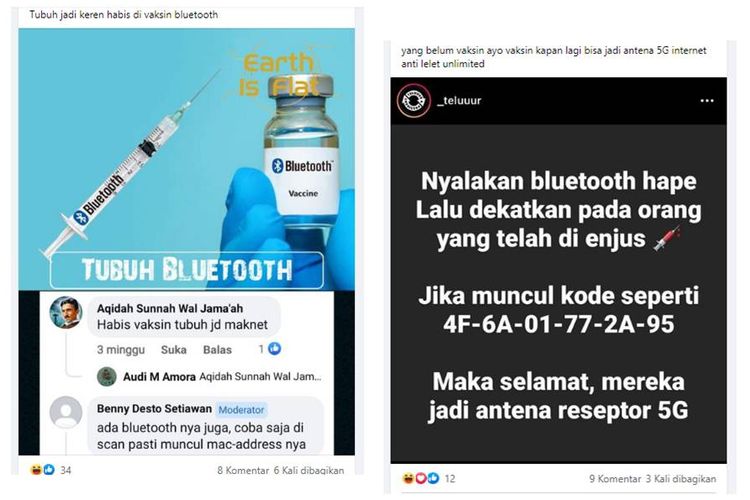 Tangkapan layar unggahan Facebook tentang hoaks vaksin dan bluetooth