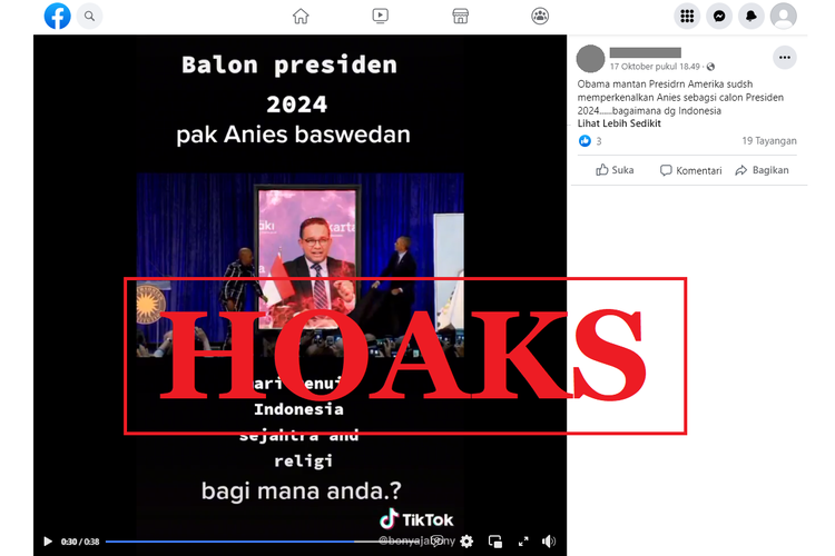 Tangkapan layar unggahan dengan narasi hoaks di sebuah akun Facebook, Senin (17/10/2022), soal video menampilkan mantan Presiden AS Barack Obama yang diklaim memperkenalkan Anies Baswedan sebagai Capres 2024.