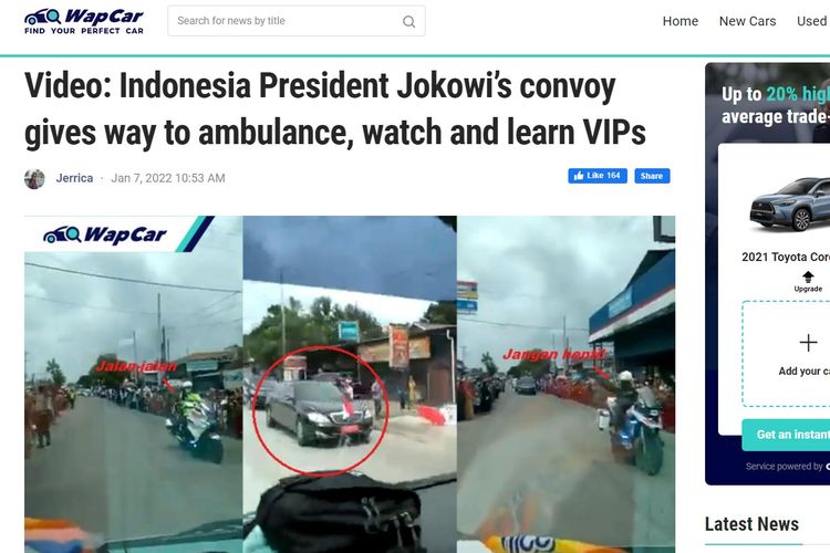 Artikel media Malaysia Wapcar yang menyindir Perdana Menteri Ismail Sabri Yaakob, dengan video rombongan Presiden Indonesia Joko Widodo yang memberi jalan untuk ambulans. Rombongan PM Malaysia sempat memicu kontroversi karena ada ambulans yang harus berhenti ketika berpapasan di jalan raya pada Minggu (26/12/2021).