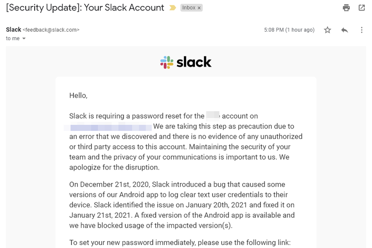 Ilustrasi e-mail yang dikirim Slack ke penggunanya terkait penggantian password.