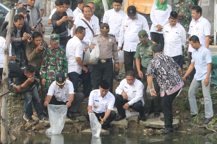 Secara simbolis Bupati Kudus, Muh Tamzil beserta perwakilan dari Dinas Kelautan dan Perikanan Provinsi Jateng Kantor Cabang Wilayah Timur melaksanakan penebaran benih di‎ salah satu sungai sasaran yakni di Sungai Bakinah di Desa Ngemplak, Kecamatan Undaan, Kudus, Jateng, Kamis (21/3/2019).