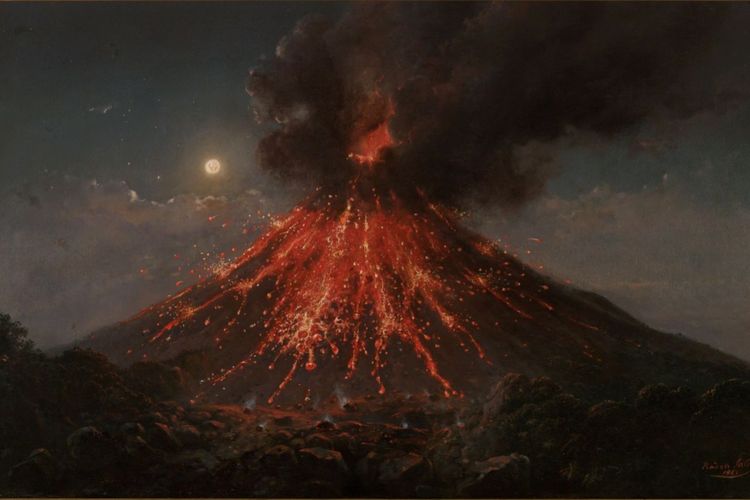 Lukisan bertajuk Merapi, Eruption by Night atau Gunung Merapi, Erupsi pada Malam Hari karya Raden Saleh.