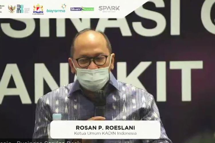 Indonesian Chamber of Commerce and Industry chairman, Rosan Perkasa Roeslani, speaks during a familiarization event on Gotong Royong Vaccine Centre on Wednesday, May 19.  