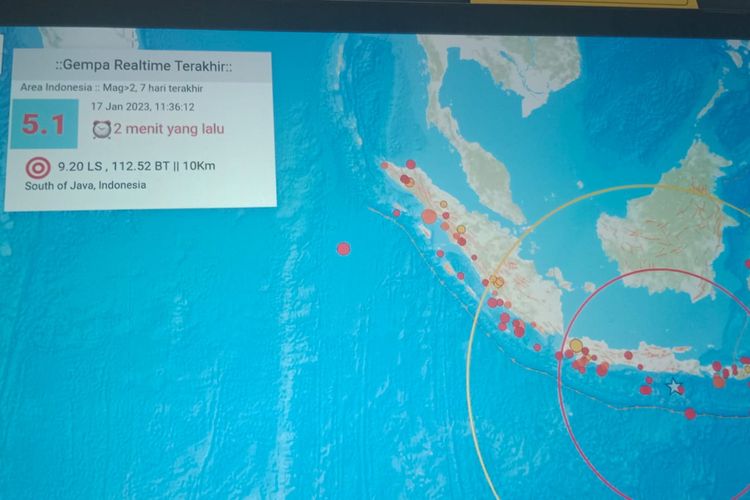 Data rekaman gempa bumi magnitudo 5.1 di Kabupaten Malang, Selasa (17/1/2023).