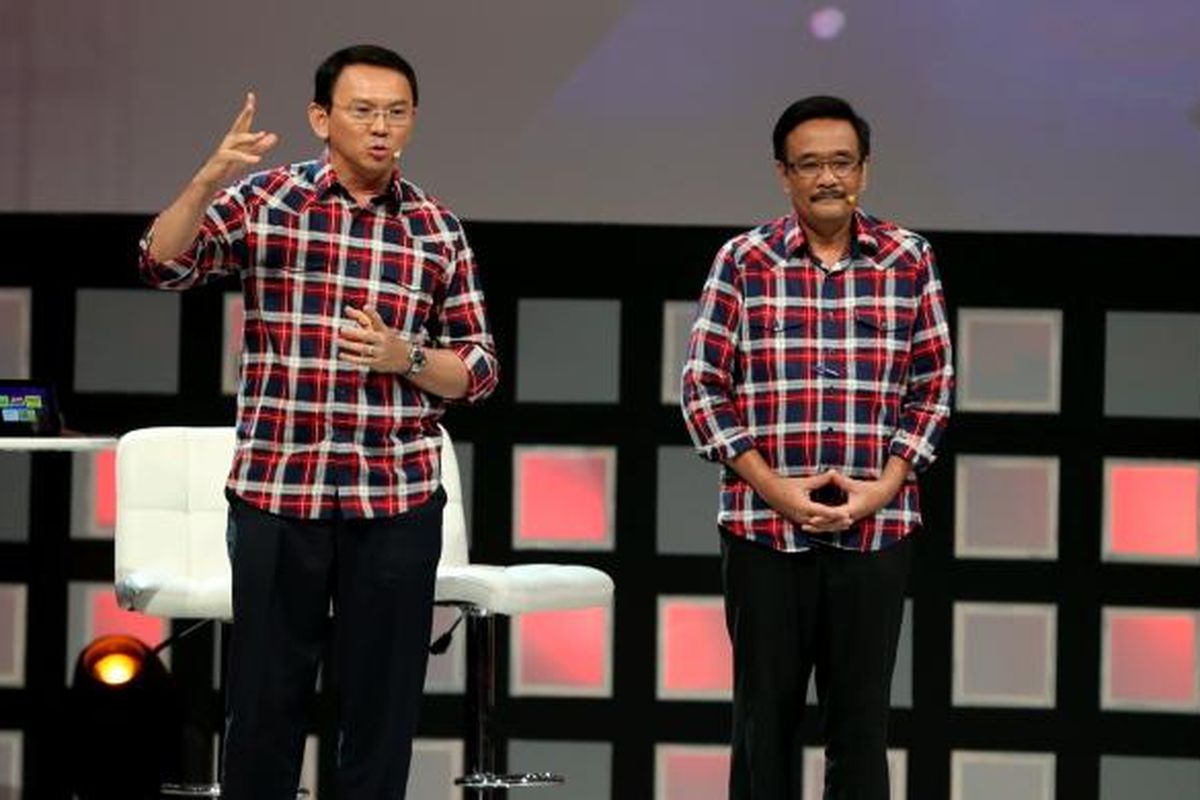 Kandidat calon gubernur dan wakil gubernur DKI Jakarta no urut 2, Basuki Tjahaja Purnama dan Djarot Saiful Hidayat saat debat kandidat program acara Rosi dan Kandidat Pemimpin yang di selenggarakan Kompas TV Jakarta di Djakarta Theater Ballroom, Jakarta, Kamis (15/12/2016). 