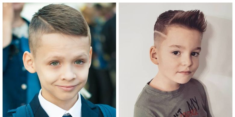 Gaya rambut anak laki-laki di sekolah, kiri ke kanan ( model crew cuts dan Faux hawk with line)