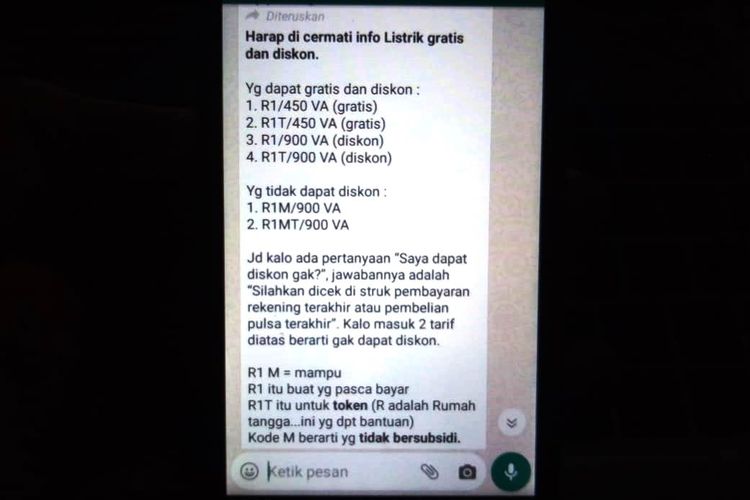 Informasi yang viral dari grup WhatsApp terkait pesan yang berisikan informasi listrik gratis dan diskon.