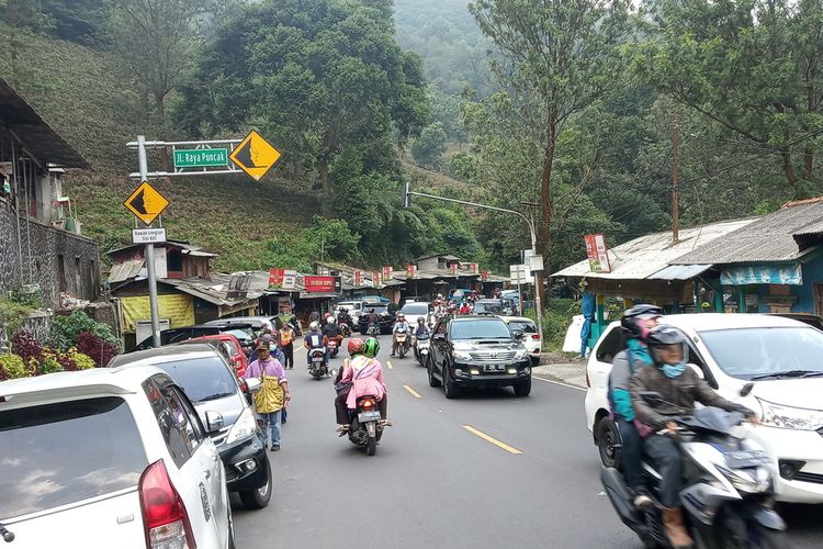 Sejumlah pengendara terjebak kemacetan di Jalur Puncak Bogor, Tugus Selatan, Kecamatan Cisarua, Kabupaten Bogor, Jawa Barat.