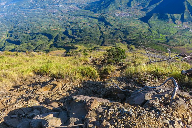 Kondisi jalan dari tanah dan kerikil antara Ladang Batu 1 menuju Ladang Batu 2 Pendakian Gunung Sindoro via Tambi yang terjal serta rawan membuat terpeleset.