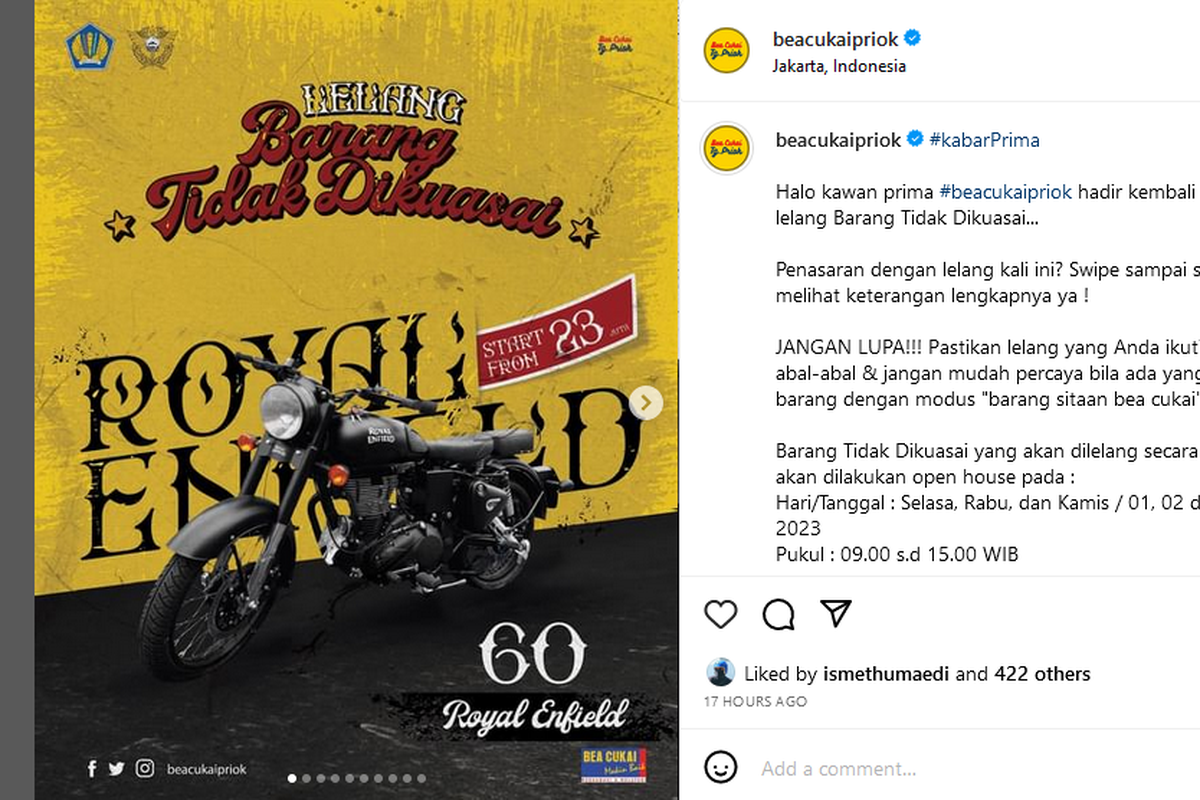 Lelang motor gede Royal Enfield diulang, akan berlangsung mulai Selasa (1/8/2023)