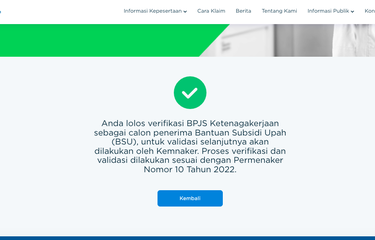Tangkapan layar pemberitahuan sebagai calon penerima BSU 2022 di laman bsu.bpjsketenagakerjaan.go.id
