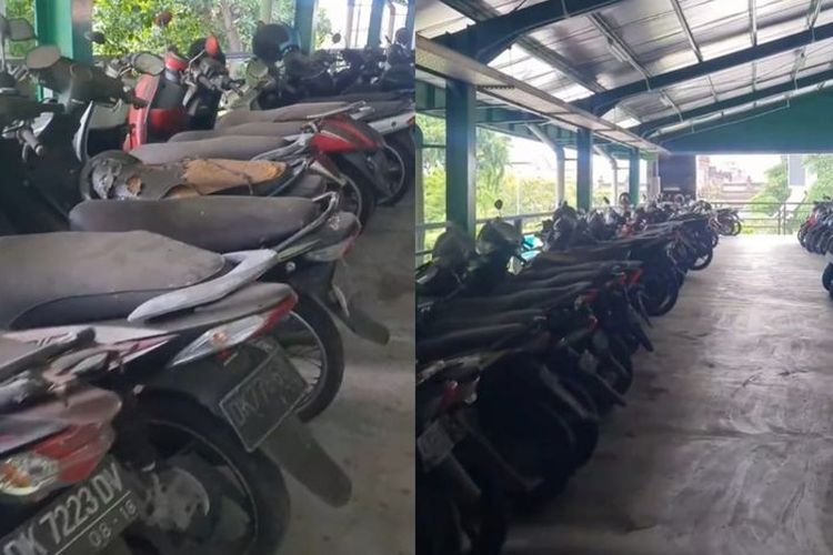 Deretan sepeda motor yang ditinggal pemiliknya hingga berdebu di parkiran bandara Ngurah Rai, Bali