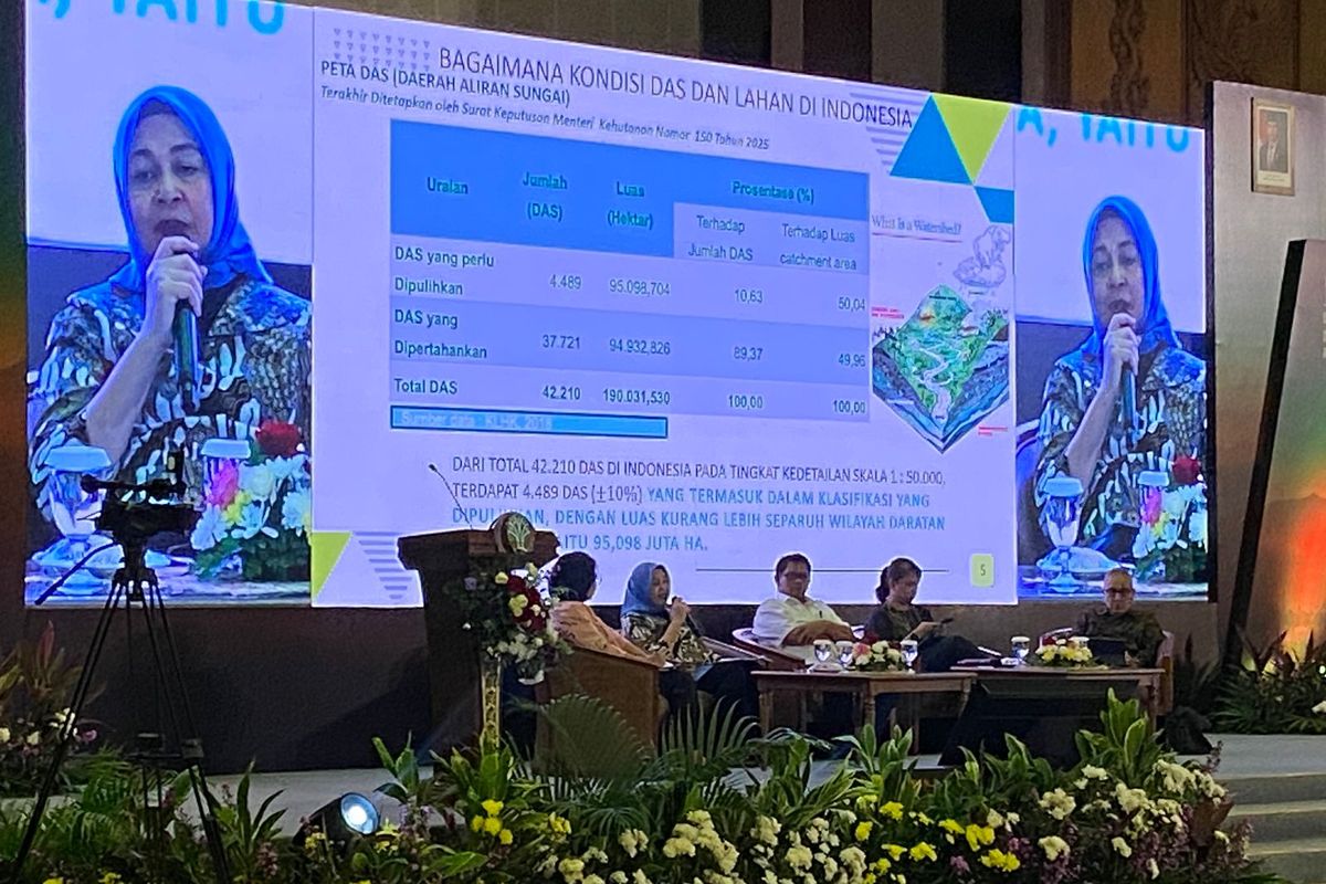 Direktur Jenderal Pengendalian DAS dan Rehabilitasi Hutan Kementerian Kehutanan, Dyah Murtiningsih, menyampaikan soal kewajiban perusahaan tambang, Rabu (9/7/2025). 