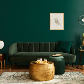 Ilustrasi ruang tamu dengan dinding warna hijau.