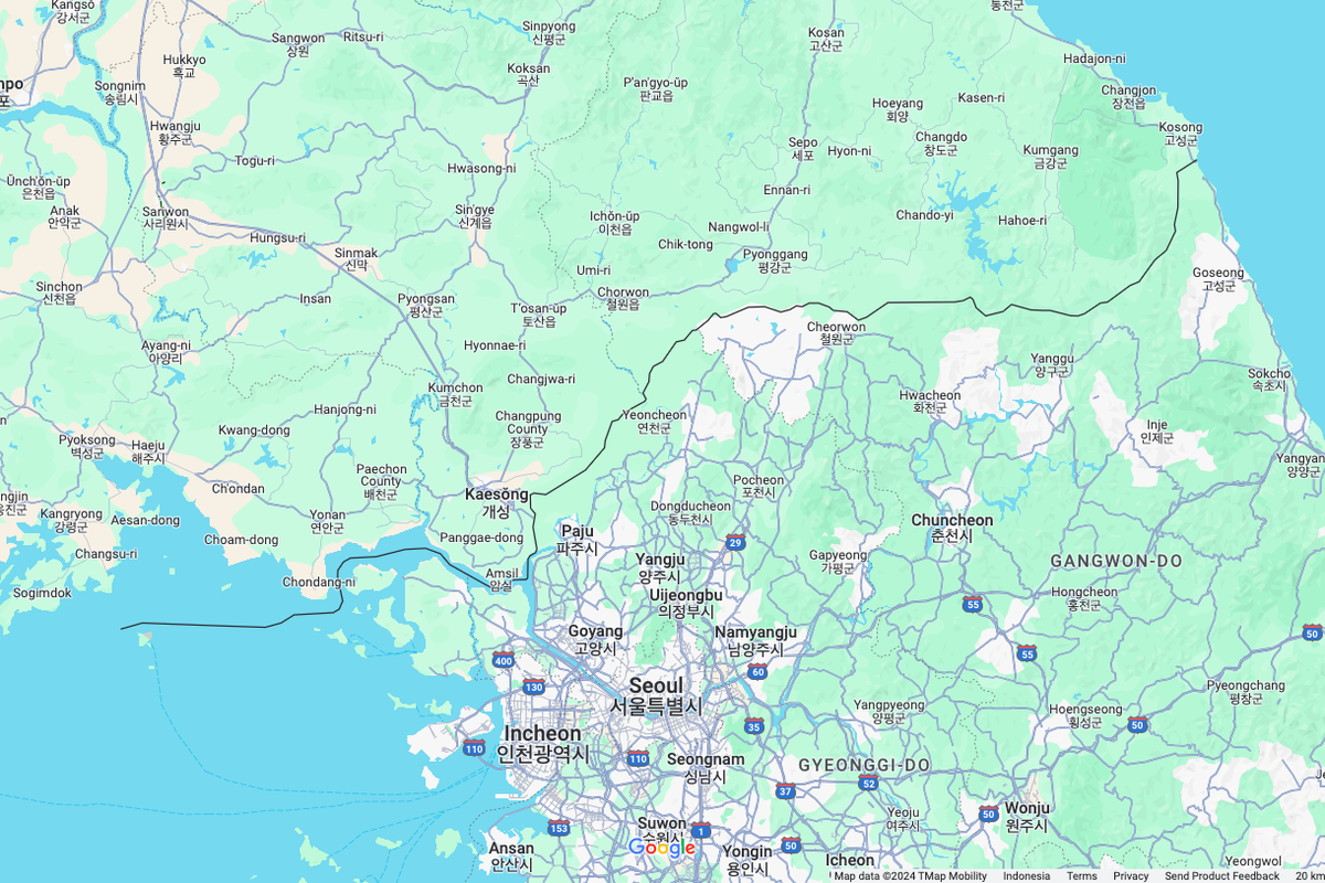Tangkapan layar Google Maps perbatasan Korea Utara dan Korea Selatan