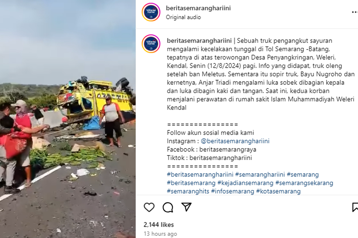 Akibat pecah ban, truk pengangkut sayuran alami kecelakaan di Tol Semarang-Batang, Senin (13/8/2024).