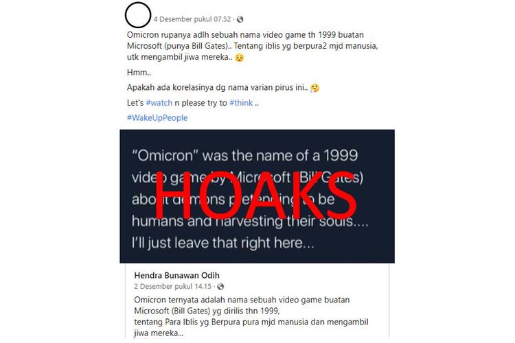 Tangkapan layar unggahan Facebook tentang hoaks game Omikron 1999 buatan Bill Gates