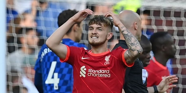 Pemain Liverpool, Harvey Elliott, dalam pertandingan melawan Chelsea di Stadion Anfield, 28 Agustus 2021.