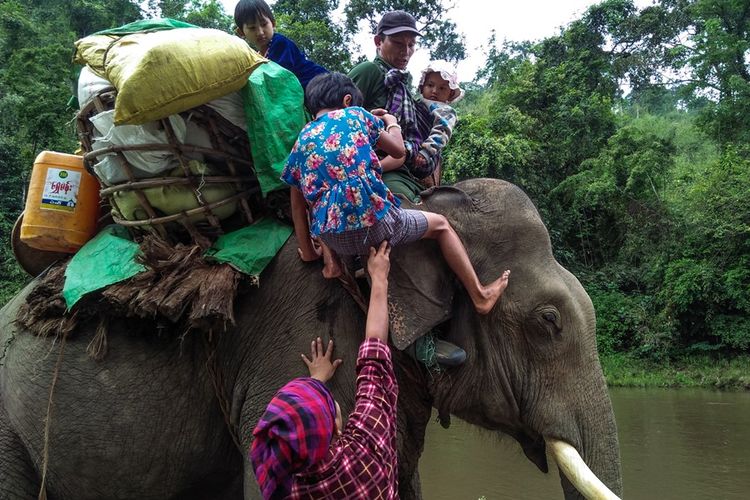 Foto yang diambil pada 2 Mei 2018, memperlihatkan warga membantu anak-anak yang mengungsi menaiki seekor gajah saat akan menyeberangi sungai.