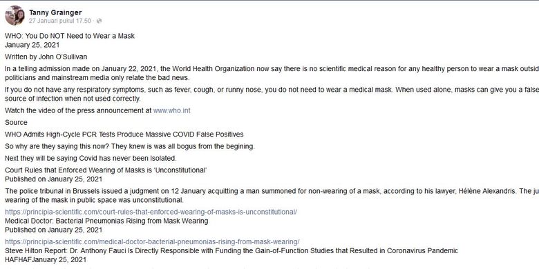Tangkapan layar unggahan Facebook yang menyebut WHO tak rekomendasikan masker bagi orang sehat