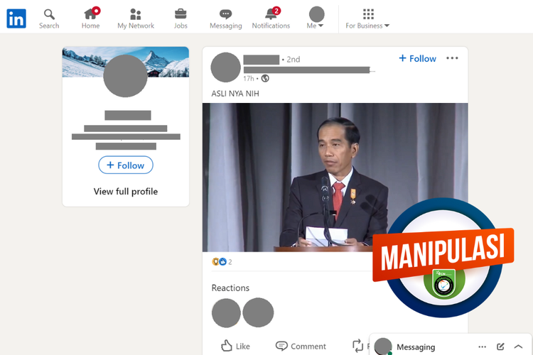 Tangkapan layar konten manipulasi di sebuah akun LinkedIn, Rabu (25/10/2023), soal video Jokowi berpidato dalam bahasa Mandarin.