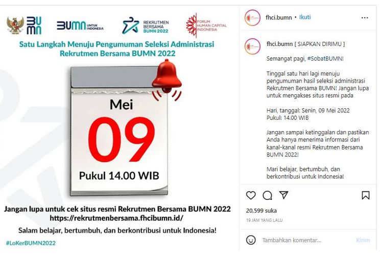 Tangkapan layar unggahan instagram tentang rekrutmen BUMN 2022