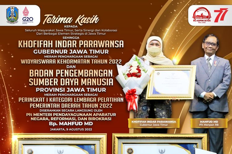Gubernur Jawa Timur (Jatm) Khofifah Indar Parawansa mendapat penghargaan sebagai Widyaiswara (WI) Ahli Utama Kehormatan dari Lembaga Administrasi Negara (LAN) RI.
