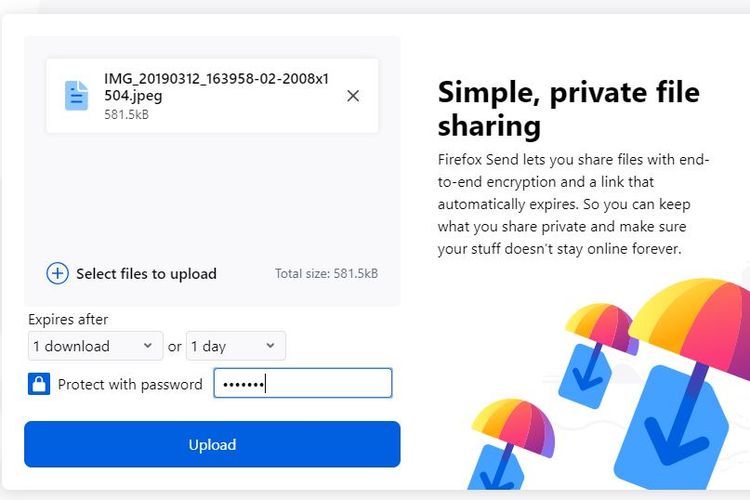 Ilustrasi mengunggah di Firefox Send langkah 2