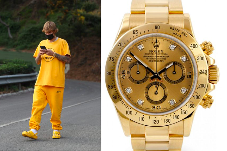 Justin Bieber padukan jam tangan Rolex seharga  Rp 730 Juta dengan setelan serba kuning yang menyala.