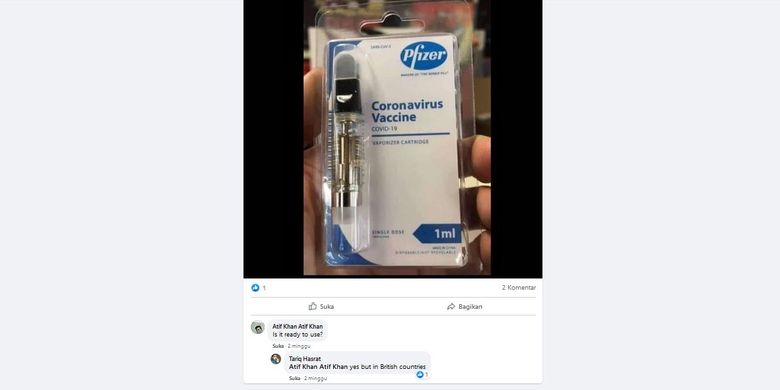 Tangkapan layar unggahan Facebook yang menampilkan produk vaksin Pfizer dalam bentuk kartrid vapor.