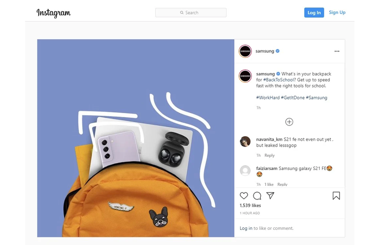 Tangkapan layar laman Instagram resmi Samsung yang memuat gambar diduga Galaxy S21 FE.
