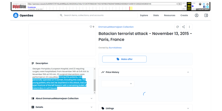 Hasil tangkapan layar di laman arsip web, yang menunjukkan bahwa akun EmmanuelMasmejean menjual NFT yang diduga milik pasien wanita di OpenSea.
