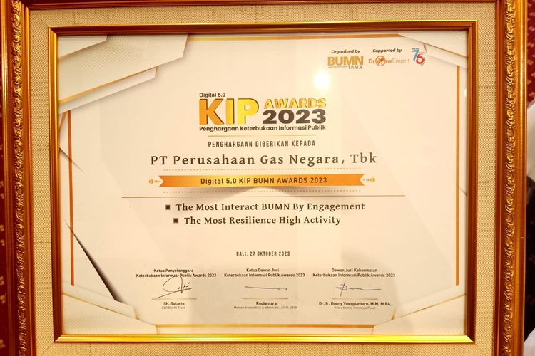PT Perusahaan Gas Negara Tbk (PGN) masuk dalam jajaran badan usaha milik negara (BUMN) Tbk terbaik pada ajang penghargaan Keterbukaan Informasi Publik Digital 5.0 2023 atau KIP BUMN Awards 2023 yang diselenggarakan BUMN Track di Bali, Jumat (27/10/2023).