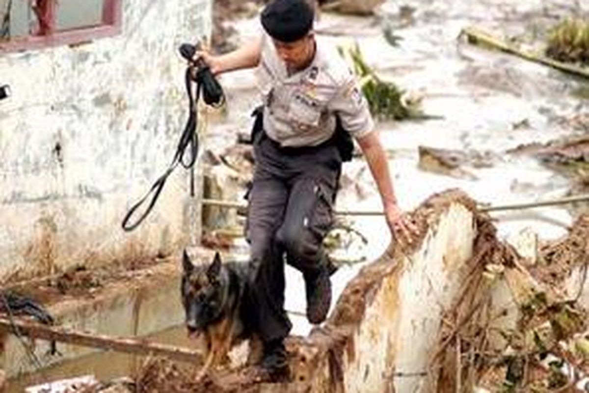 Aparat Kepolisian menggunakan anjing pelacak untuk mencari korban yang masih hilang di kawasan Universitas Muhammadiyah Jakarta (UMJ), Ciputat, Tangerang, Banten, Sabtu (28/3). Hingga siang Posko UMJ telah mencatat korban jebolnya tanggul Situ Gintung sebanyak 71 orang meninggal dunia.