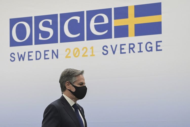 Menteri Luar Negeri Amerika Serikat Antony Blinken saat tiba untuk konferensi pers di pertemuan Organization for Security and Co-operation in Europe (OSCE) di Stockholm, Swedia, Kamis (2/12/2021).