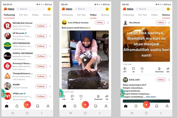 Tab Following, Video, dan Status di aplikasi Helo