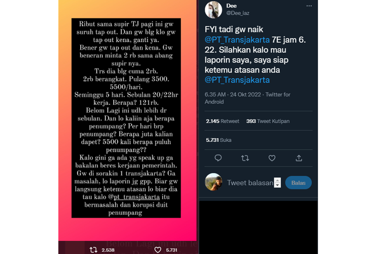 Tangkapan layar twit warganet yang mempermasalahkan tarif TransJakarta.