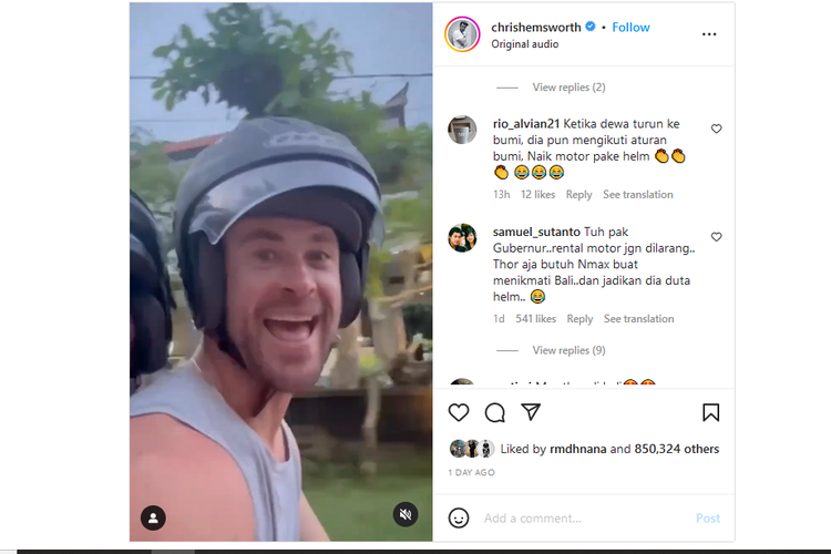 Chris Hemsworth naik motor di Bali dan tetap mengenakan helm