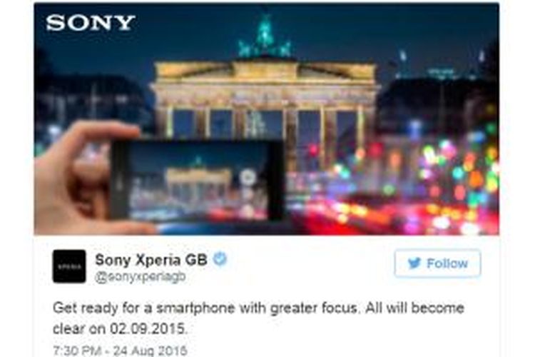 Sony berkicau, menampilkan gambar yang diduga sebagai Xperia Z5