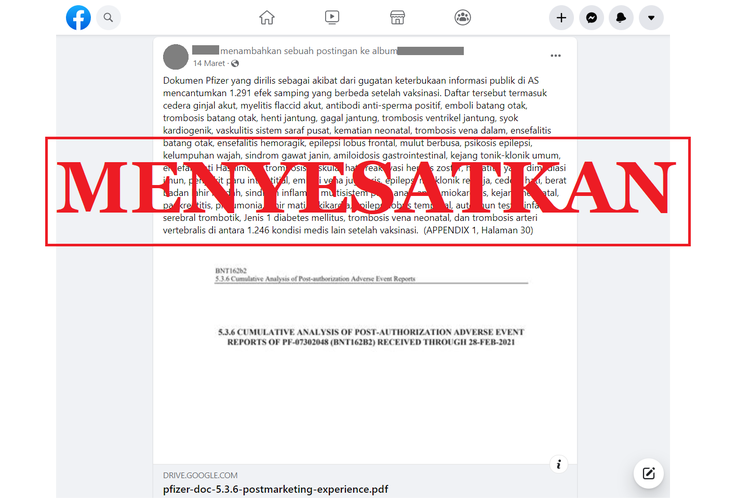 Tangkapan layar unggahan dengan narasi menyesatkan di sebuah akun Facebook, 14 Maret 2022, mengenai dokumen efek samping vaksin Pfizer.