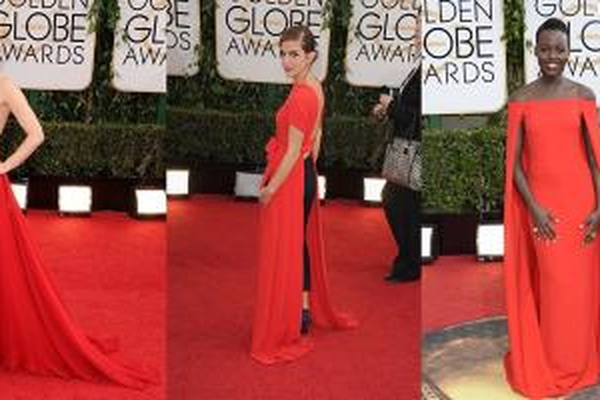 Tiga tampilan yang paling diingat sepanjang Golden Globe 2014. Amy Adams mengenakan Valentino Haute Couture, Emma Watson mengenakan Dior dan Lupita Nyong’o mengenakan Ralph Lauren.